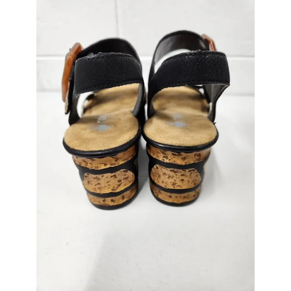 Rieker Women's 68176 Rose Wedge Sandals, Size 38 (7-7.5) In Ginger/Schwarz/Gold